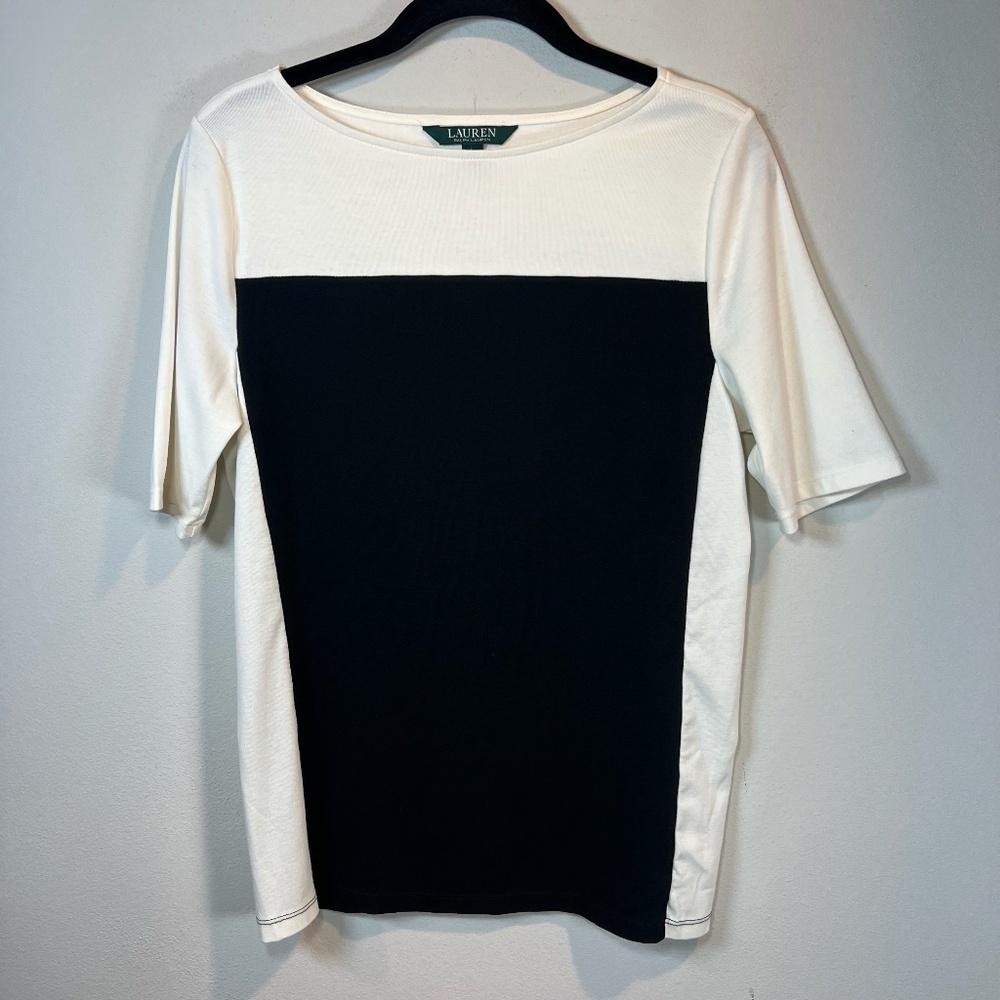 Lauren Ralph Lauren Color Block Shirt Top Black Cream Staple Office Preppy Large